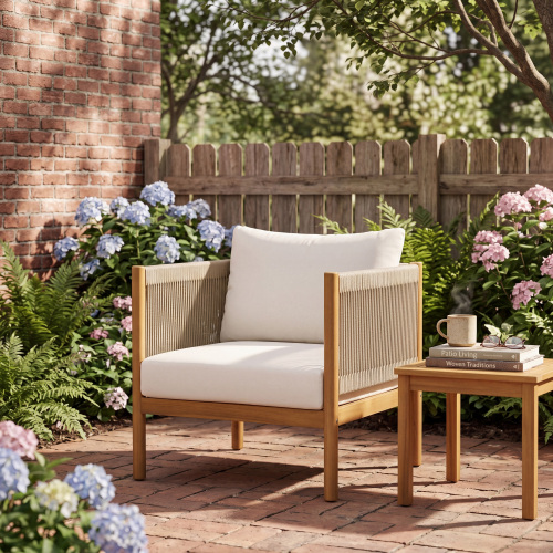Cream Cushion Outdoor Club Chair, Teak-Look Acacia & Beige Rope