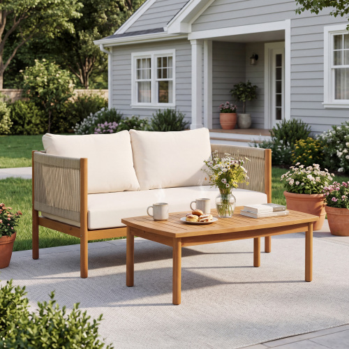 Teak-Look Acacia Loveseat & Coffee Table Set, Beige Rope/Cream Cushions