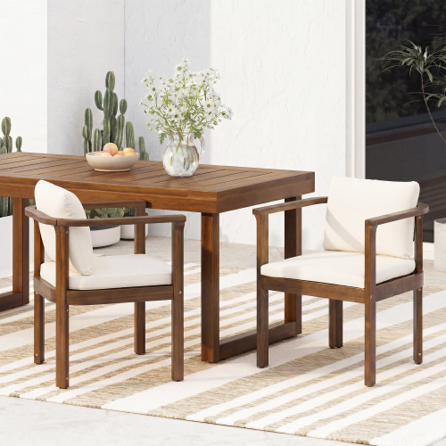 Set of 2 Brown Acacia Wood Dining Chairs with Cream Cushions
