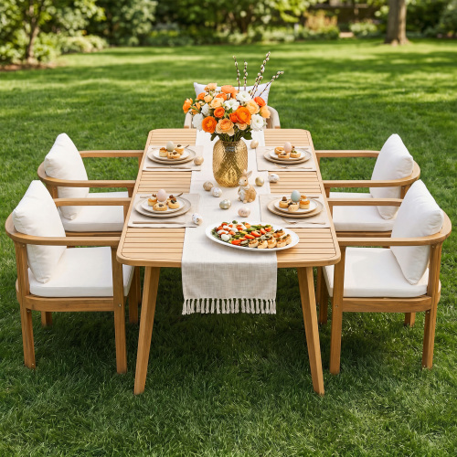 Set of 4 Cream and Teak Acacia Wood Outdoor Dining Chairs, 23.75-Inch