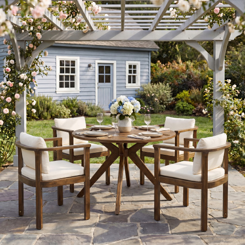 Set of 4 Brown Acacia Wood Outdoor Dining Chairs, 23.75-Inch, Cream Cushions