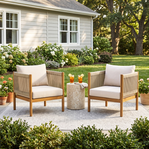 2-Piece Outdoor Acacia Wood Club Chairs, Teak Look, Beige Rope, Cream Cushions