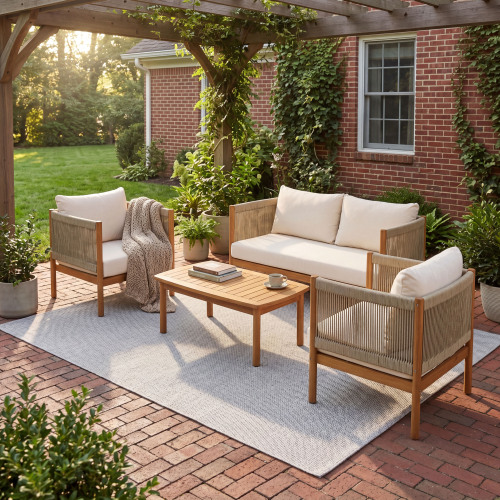 4-Piece Teak-Look Acacia Outdoor Sofa Set with Beige Rope & Cream Cushions