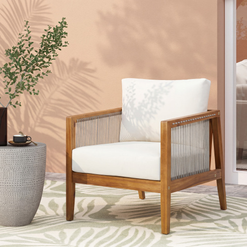 26.77-Inch Beige Acacia Wood Club Chair with Rope Back, Teak Finish