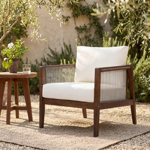 Dark Brown Acacia Wood & Rope Outdoor Club Chair, 26.77-Inch
