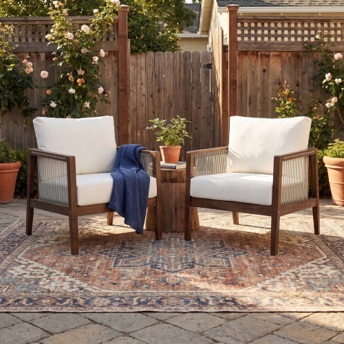 Set of 2 Acacia & Rope Patio Club Chairs, 26.77-Inch, Dark Brown/Beige
