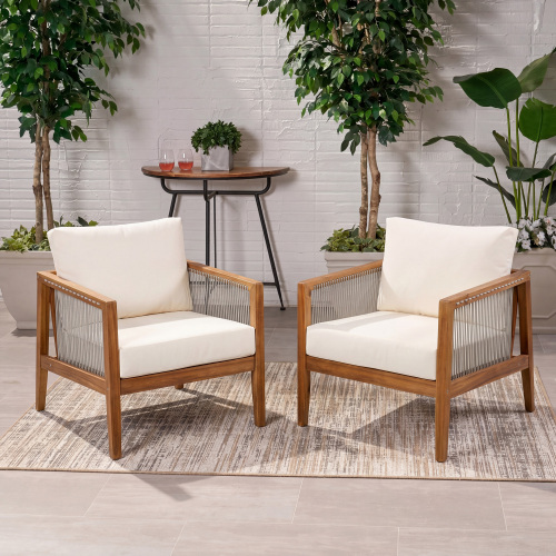 Outdoor Club Chairs (Set of 2), Acacia Wood Frame with Rope Back, Water-Repellent Beige Cushions for Patio/Backyard/Deck, Teak Finish - Beige,Teak - Acacia Wood,Fabric,Rope - Not Specified