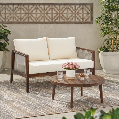 26.77-Inch Dark Brown Acacia Loveseat and Coffee Table Set with Rope