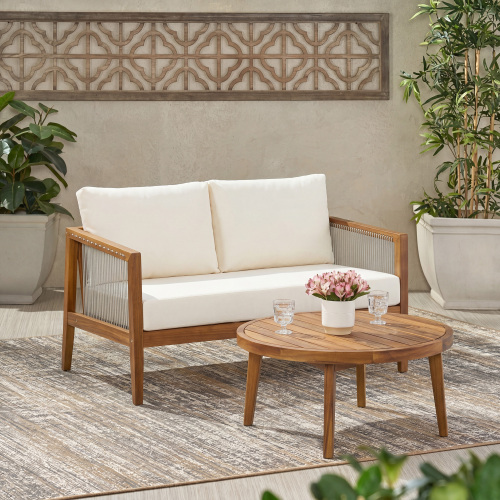 26.77-Inch Acacia Wood Loveseat & Table Set, Beige, Teak Finish