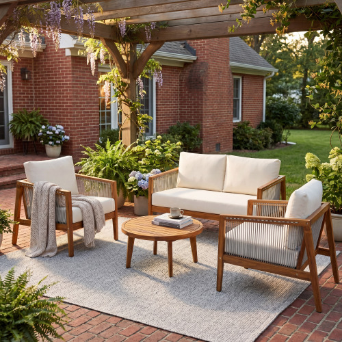 4-Piece Teak Acacia Wood Patio Sofa Set with Rope and Beige Cushions