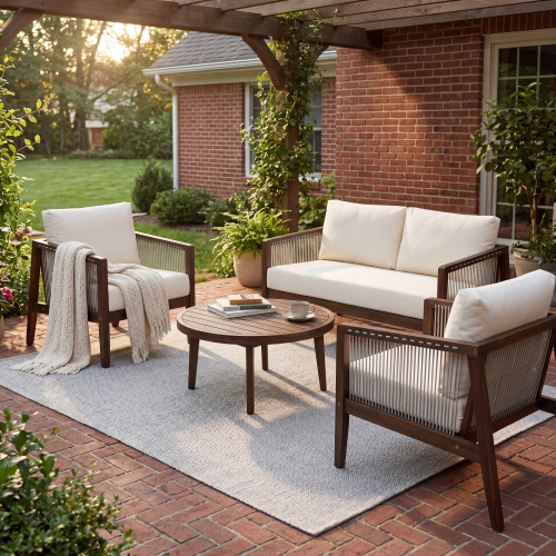 4-Piece Dark Brown Acacia Patio Sofa Set with Rope and Beige Cushions