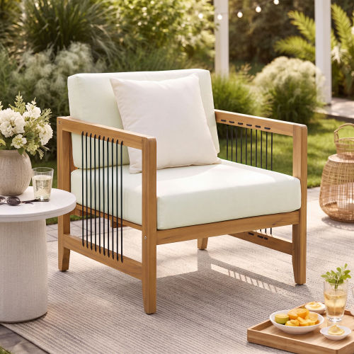 Black Acacia Wood Patio Chair with Beige Cushion and Rope Accents