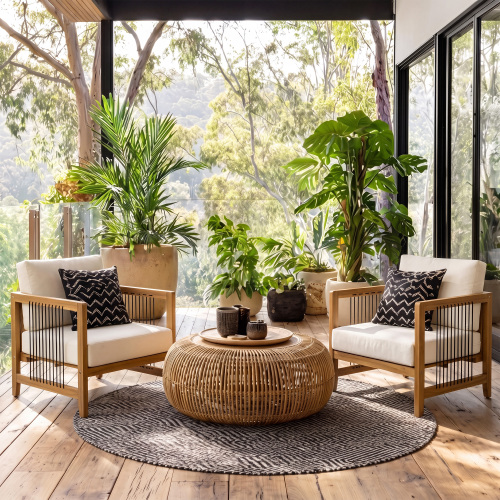 Black Acacia Wood Patio Chairs with Beige Cushions, Set of 2