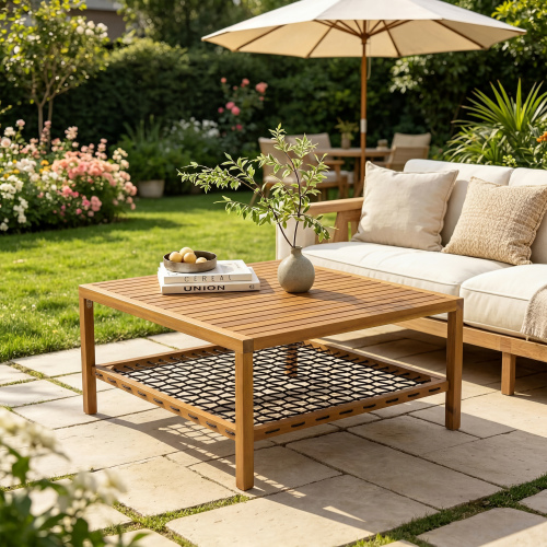 Black Acacia Wood Outdoor Coffee Table with Woven Rope Shelf