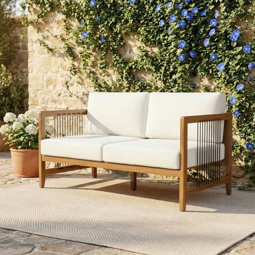 Black Acacia Wood Outdoor Loveseat with Rope and Teak Finish
