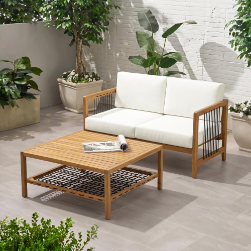 Black Acacia Wood Outdoor Loveseat & Coffee Table Set for 2