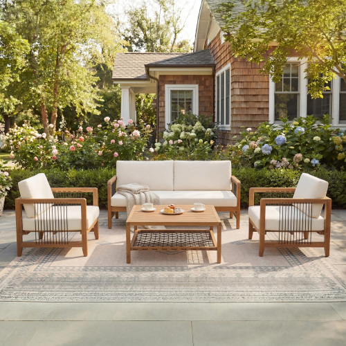 4-Piece Acacia Wood Patio Sofa Set with Black Rope and Cushions