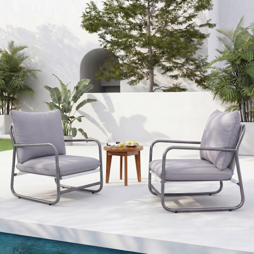 Set of 2 White Aluminum Patio Armchairs with Water-Resistant Cushions
