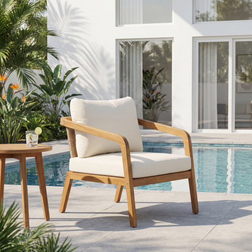 Light Brown 27.17-Inch Acacia Wood Patio Chair with Wicker Back