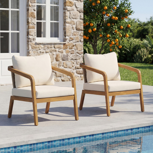 Set of 2 Light Brown Acacia Wood and Wicker Patio Club Chairs
