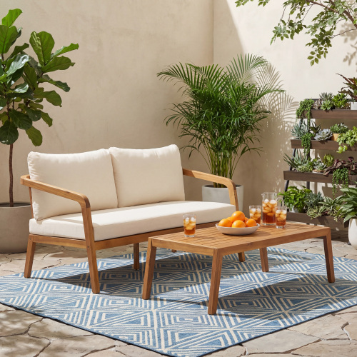 Light Brown Acacia Wood 2-Seat Outdoor Loveseat and Coffee Table Set