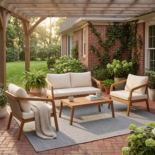 4-Piece Light Brown Acacia Wood Patio Conversation Set with Wicker Backrests