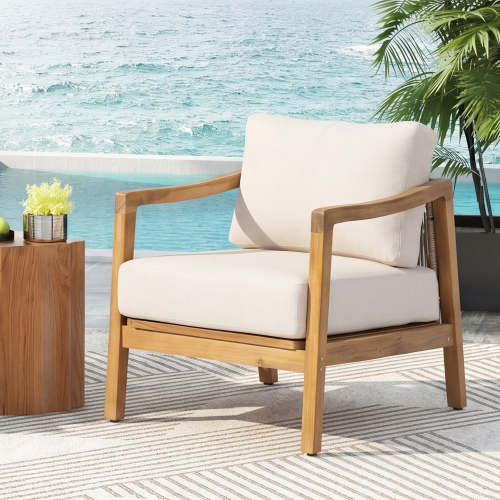 Teak Beige Acacia Wood Patio Club Chair with Rope Back, 26.75 x 31 x 31.75 in