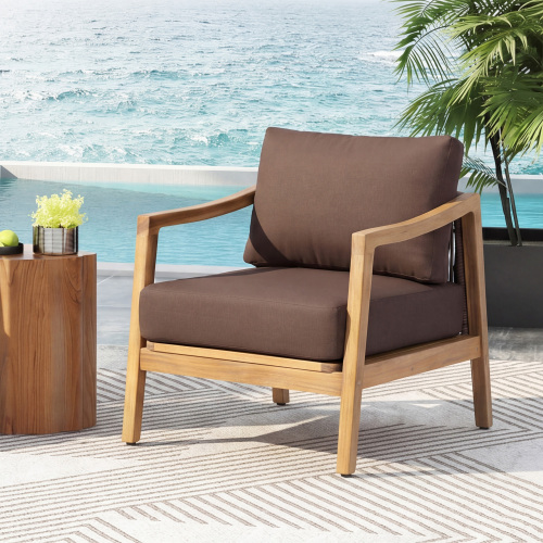 Teak Brown Acacia Wood Outdoor Club Chair with Beige Cushion & Rope Back