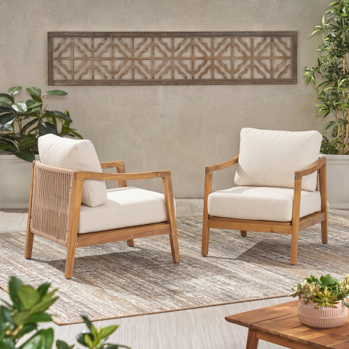 Teak Acacia Wood Rope Patio Chairs, Beige Cushions, Set of 2