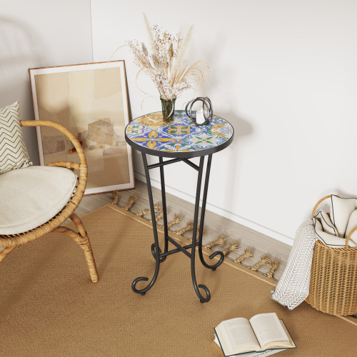 Colorful Ceramic Tile and Black Iron Patio Side Table, 14-Inch