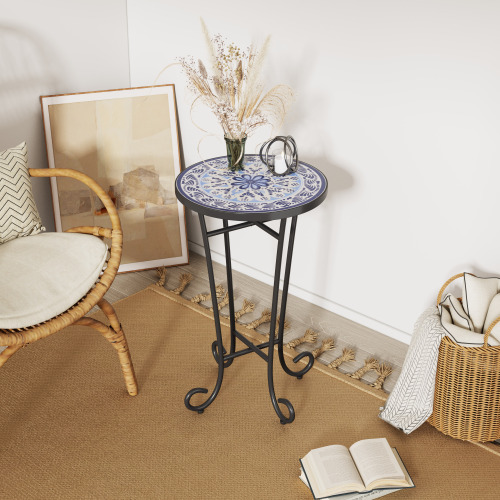 Blue and Black 14-Inch Ceramic Tile and Iron Patio Side Table