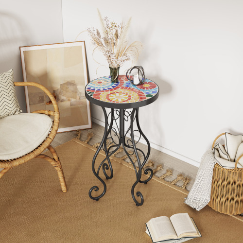 Colorful & Black Ceramic Tile and Iron Outdoor Side Table, 14-Inch