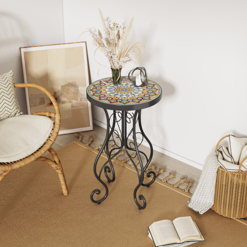 14 x 22.44-Inch Colorful Black Ceramic Tile & Iron Outdoor Side Table