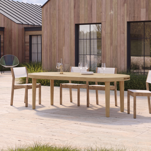 70-Inch Oval Acacia Wood Outdoor Dining Table, Light Teak Finish
