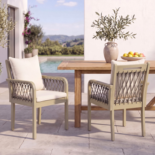 Light Teak Acacia Patio Chairs with Grey Rope Arms & Cream Cushions, Set of 2