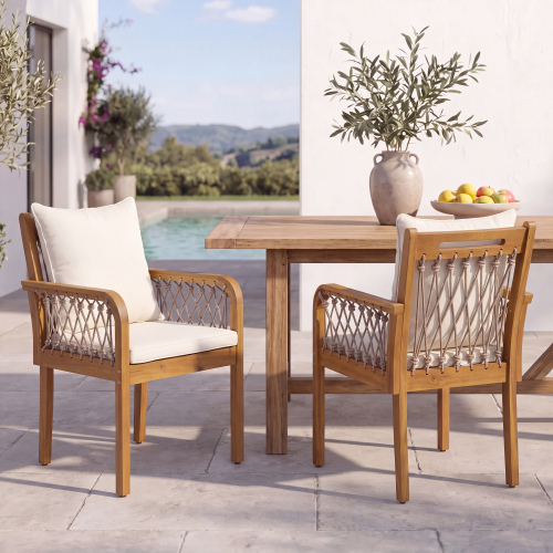 Teak Acacia Patio Chairs with Oatmeal Rope & Cream Cushions, Set of 2