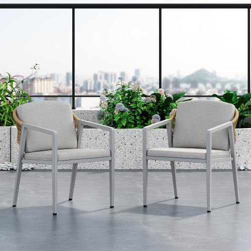 Gray PE Rattan and Iron Outdoor Dining Chairs with Cushions, Set of 2