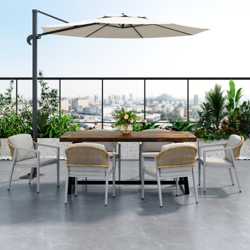 7-Piece Gray PE Rattan Patio Dining Set with Acacia Wood Table