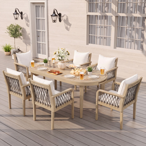 7-Piece Teak Acacia Patio Dining Set, Grey Rope, Beige Cushions