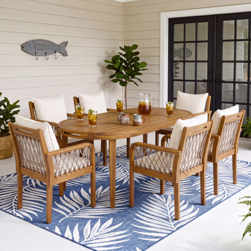 7-Piece Teak Acacia Patio Dining Set, Oatmeal Rope, Cream Cushions