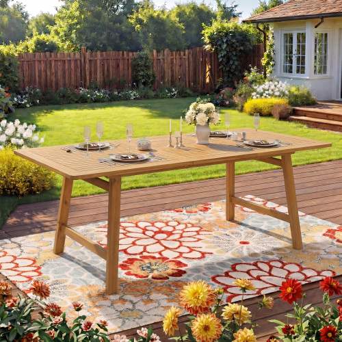 Teak Finish Acacia Wood Extendable Outdoor Dining Table, 59–78.74 Inch