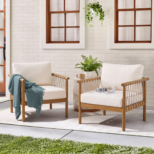 Set of 2 Teak Acacia Wood & Rope Outdoor Armchairs with Cream Cushions