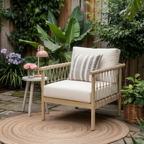 Oversized Light Teak Acacia Wood & Rope Patio Chair with Cream Cushions