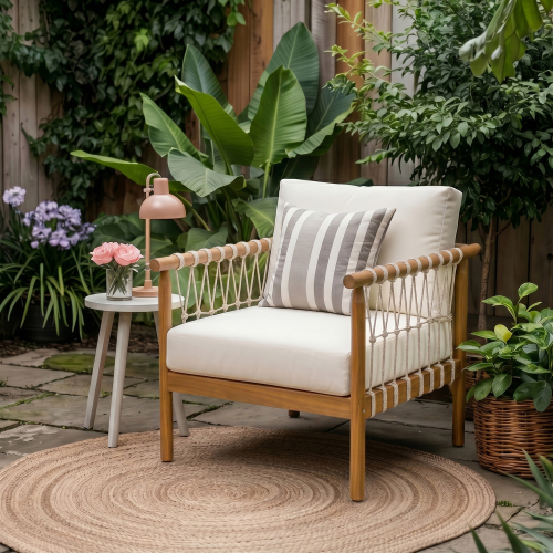 Oversized Beige Rope & Teak Acacia Patio Armchair with Cream Cushions
