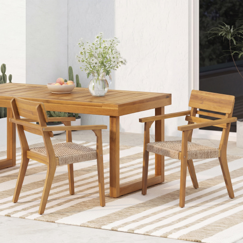 Set of 2 Teak Finish Acacia Patio Chairs with Light Brown Wicker