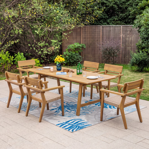 7-Piece Acacia Wood and Wicker Extendable Dining Set, Light Brown