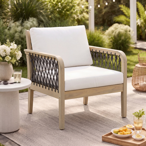 29-Inch Dark Gray Acacia Wood Club Chair with Handwoven Rope