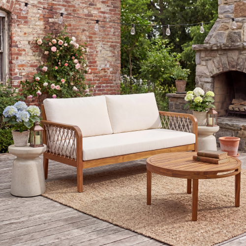 28.94-Inch Acacia Loveseat & Table Set in Cream, Oatmeal and Teak