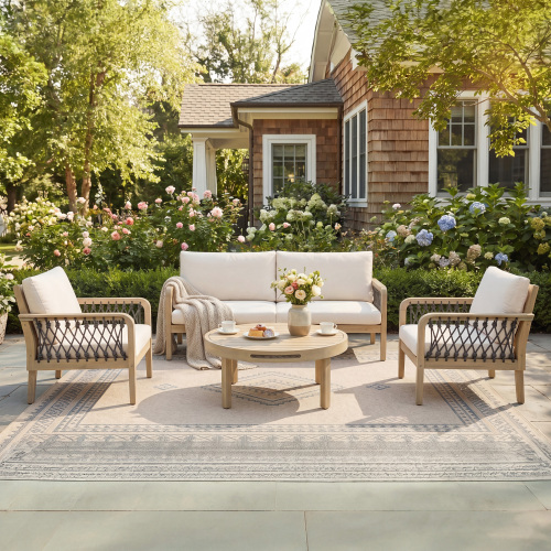 4-Piece Acacia Wood Patio Set with Dark Gray Rope and Cream Cushions