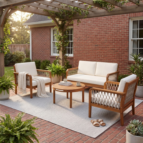 4-Piece Teak Acacia Wood Patio Set with Cream Cushions & Oatmeal Rope